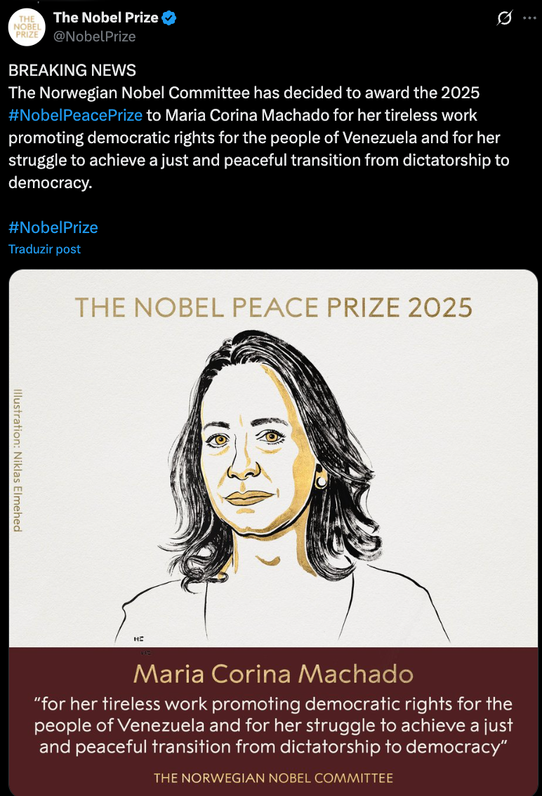 Postagem no X do prêmio nobel da paz para Maria Corina Machado